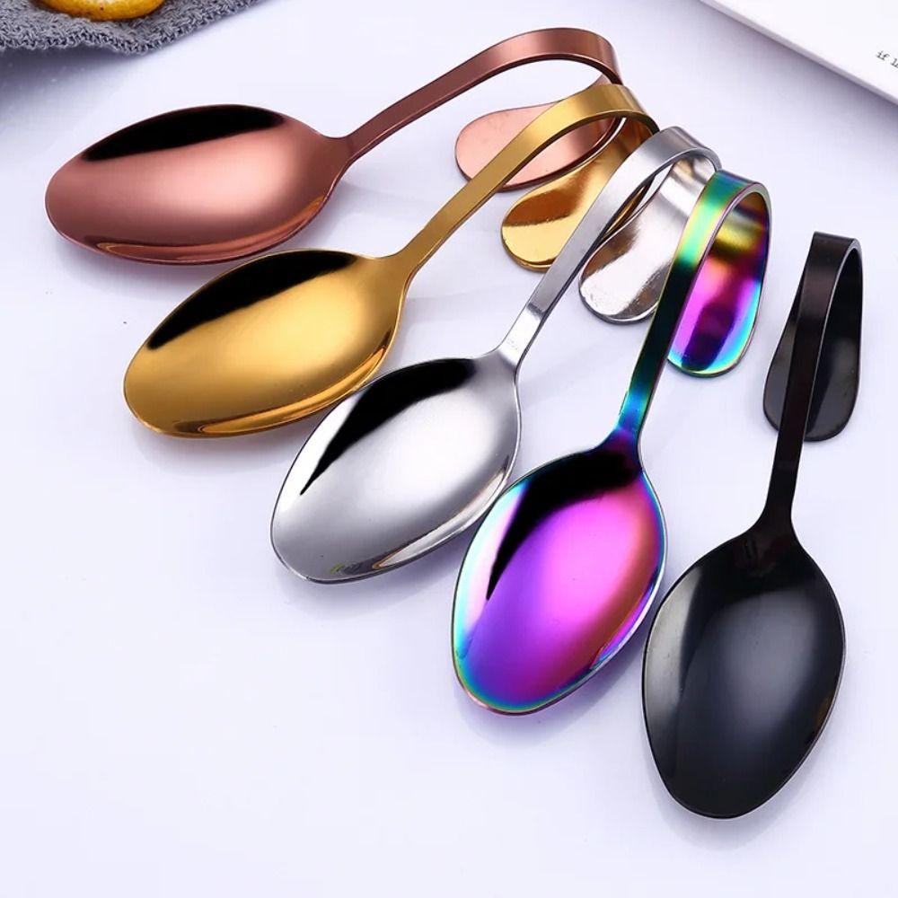 Cutlery Stainless Steel Curved Handle Spoon Rustproof Portable Serving Spoons Comfortable Grip Safe Dessert Spoons Buffet