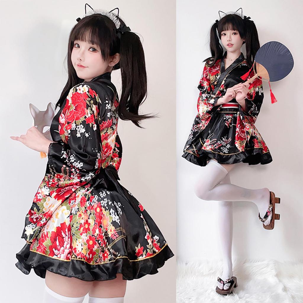 ChicFlow Yukata Lolita Erwachsenen Cosplay Japanisch Floral Lang Schul Set Kleid, Stil, Damen, Floral, Ozean, Sexy, Kostüm, Stil, Satin, Druck,