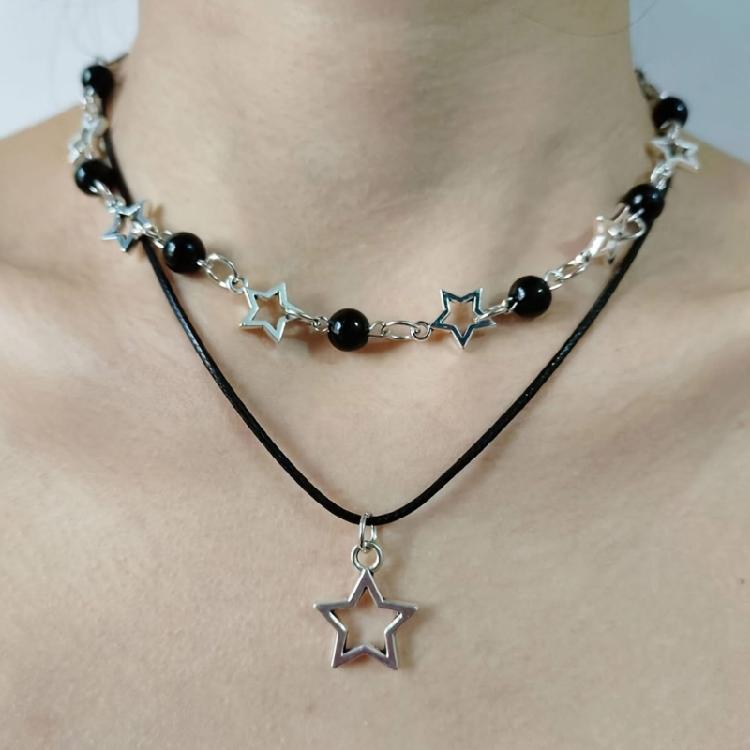 Unique Hollow Star Necklace with Black Bead PU Leather Rope Choker Double Layered Clavicle Chain for Trendy Women