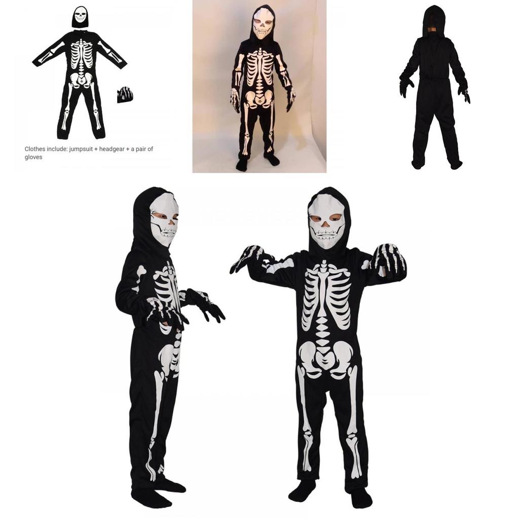 Kids' Skull Print Jumpsuit Halloween Costume Set For Role Play And Themed Party