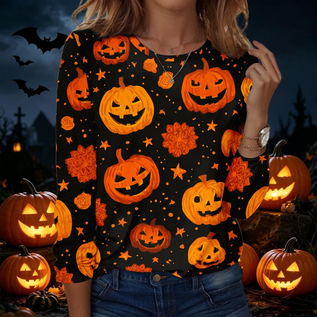 Women's Halloween Print Crew Neck Long Sleeve Pullover Sweatshirt Casual Fit Lightweight Top for Seasonal Wear