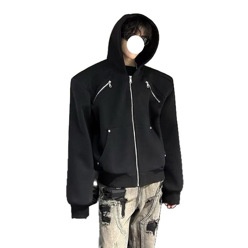 Niche metal zipper deconstruction hooded sweater men's autumn and winter American ruffian handsome high-end shoulder padded jacket jacket tide