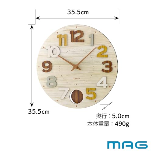 MAG Wall Clock, Analog, Pendulum, Stylish, Cute, Wood Grain, Woody Design, Diameter 35.5cm, Natural, Cookie, W-765, N-Z, Noah Precision