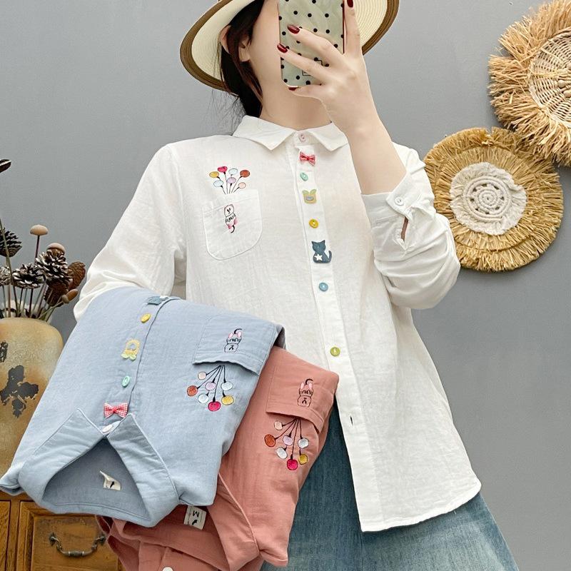 Spring 2026 Women's Cartoon Embroidery Gauze Long Sleeve Cardigan Shirt