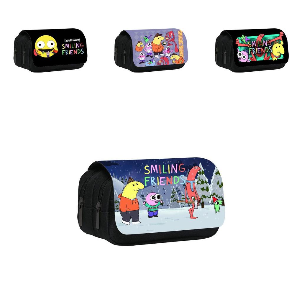 Smiling Friend Double Layer Pencil Case Cartoon Microfiber Storage For Students And Kids