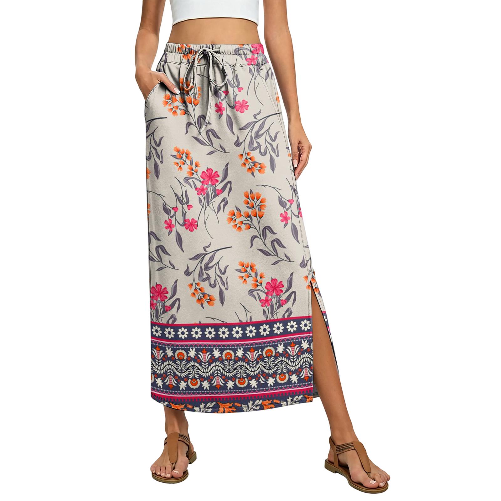 Ladies  floral elastic waist drawstring pocket skirt L