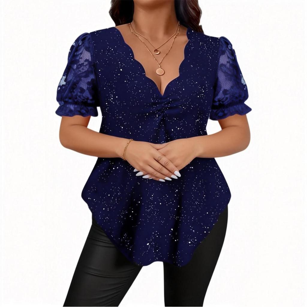 Women's Fashion Casual Lace Trim V Neck Plus Size Short Sleeve Top