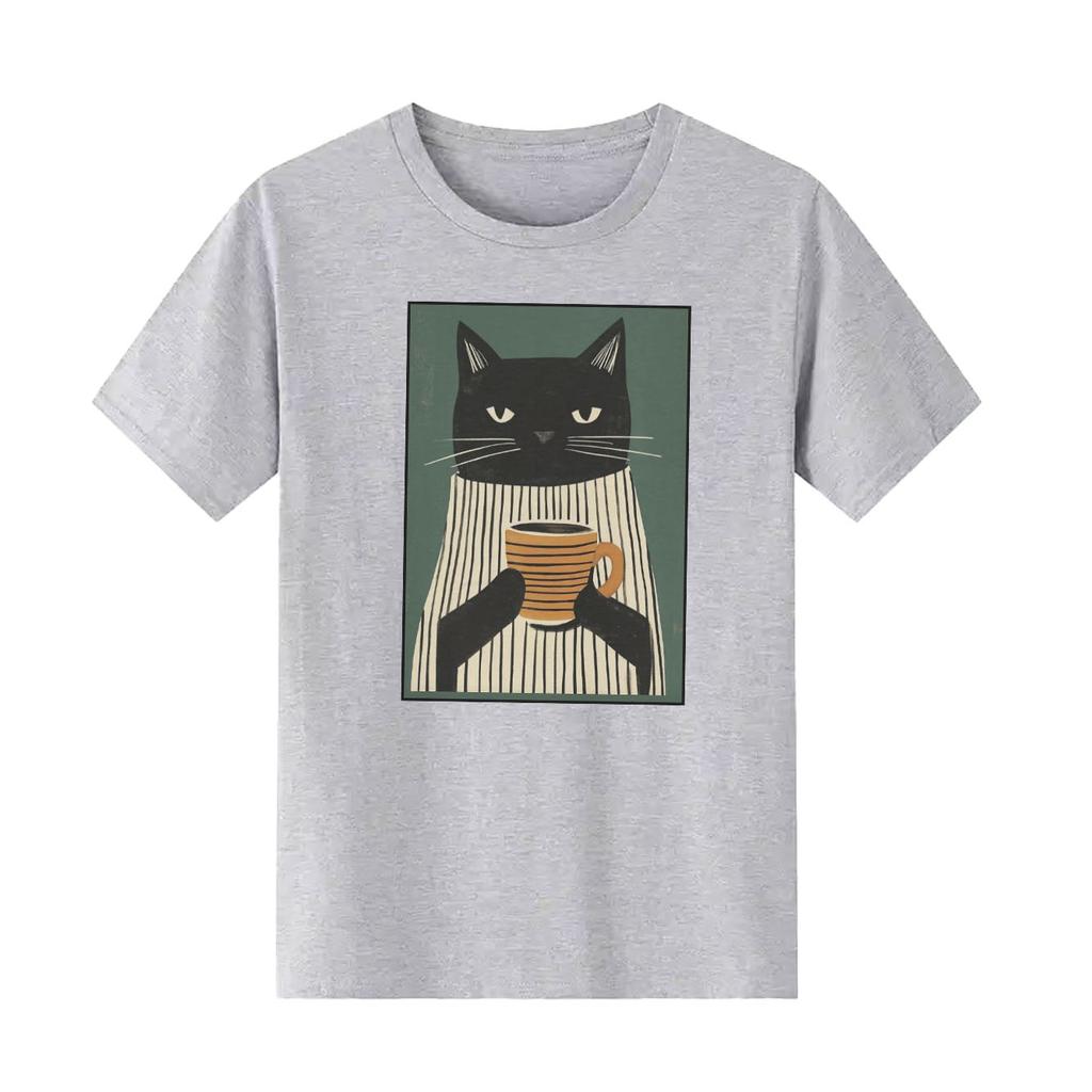 Fun cat tea printed Tshirt casual short sleeved round neck top versatile Womens Tshirt suitable for all seasons