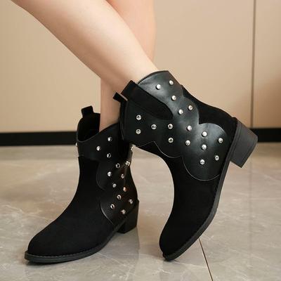 Winter Damenstiefel mit Nietenbesatz Retro Spitzblockabsatz Chelsea Stiefeletten Sleeve Martin Stiefel
