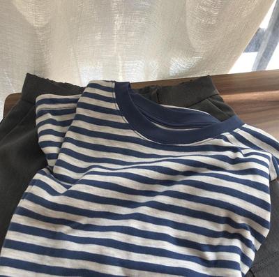 Women's Bamboo-Cotton Striped Sailor Tee: White, Distressed, Loose Fit, Round Neck, Short Sleeves, Fresh & Versatile.