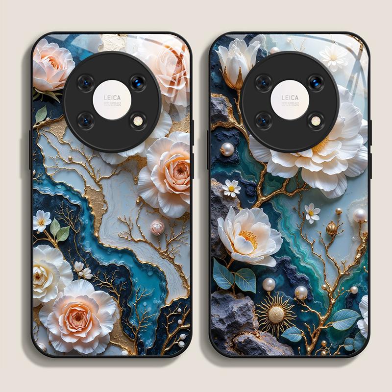 White Camellia Flower Marble Texture Tempered Glass Phone Case for Xiaomi Redmi Note 15 14 ProPlus 13 11T 10 Lite 15C 14C Cover