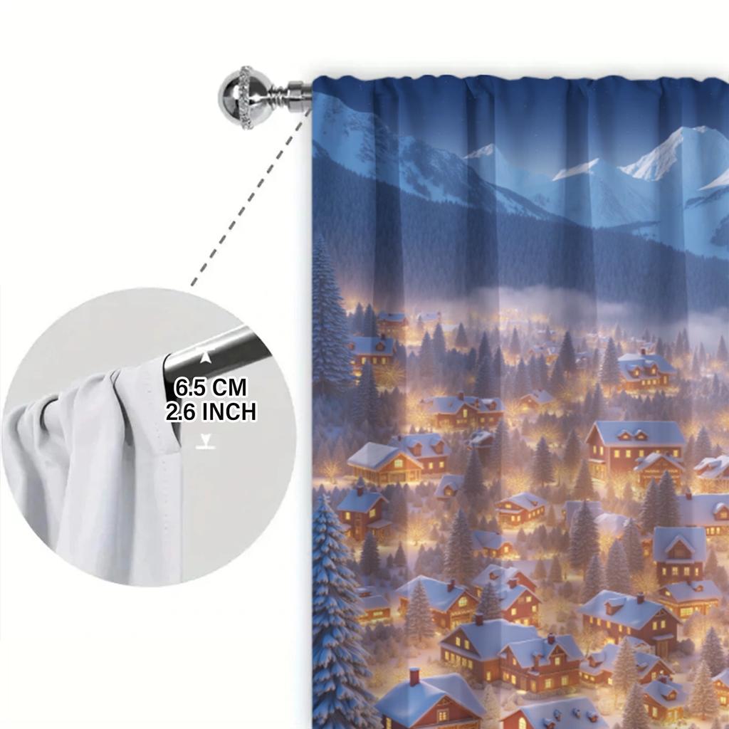 2pcs Winter Night Snow Scenery Printed Curtain for Christmas Home Decor - Rod Pocket Window Treatment for Bedroom, Office