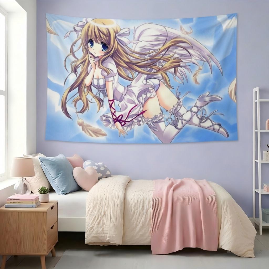 Anime Angel Girl Kawaii Tapestry Blonde Hair White Wings Halo Frilly Dress Anime Wall Hanging Teen Girls Dorm Decor Gift