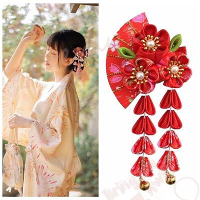Japanese Kimono Headwear, Flower Tassels Tassel Fan Hairpin, Sweet Ancient Style Hairpin Hanfu Fan Hair Clip Girl Hair