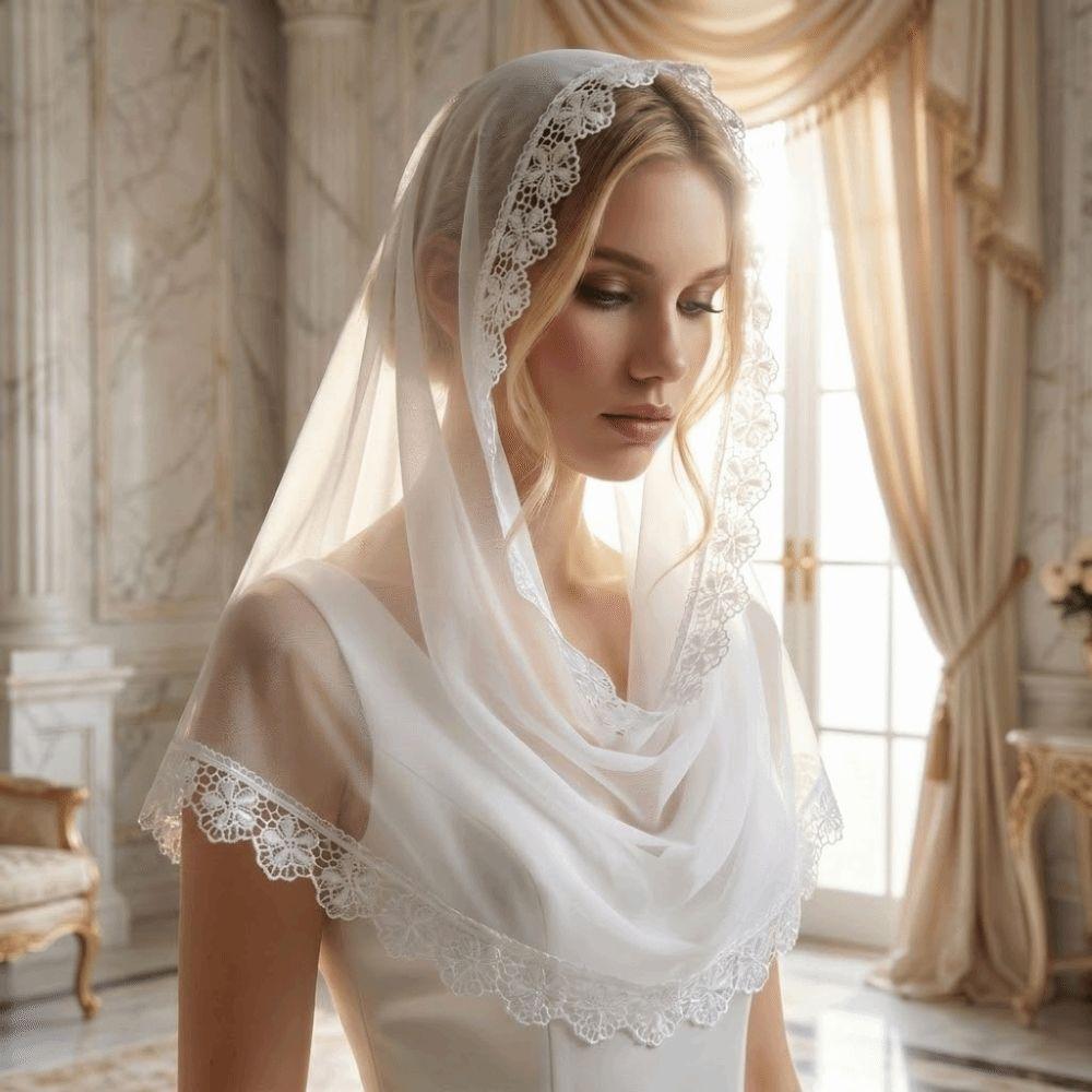 Solid Color Bridal Headscarf Lace Trim Cathedral Veil Hot Weather Wedding Hijab  Catholic Communion