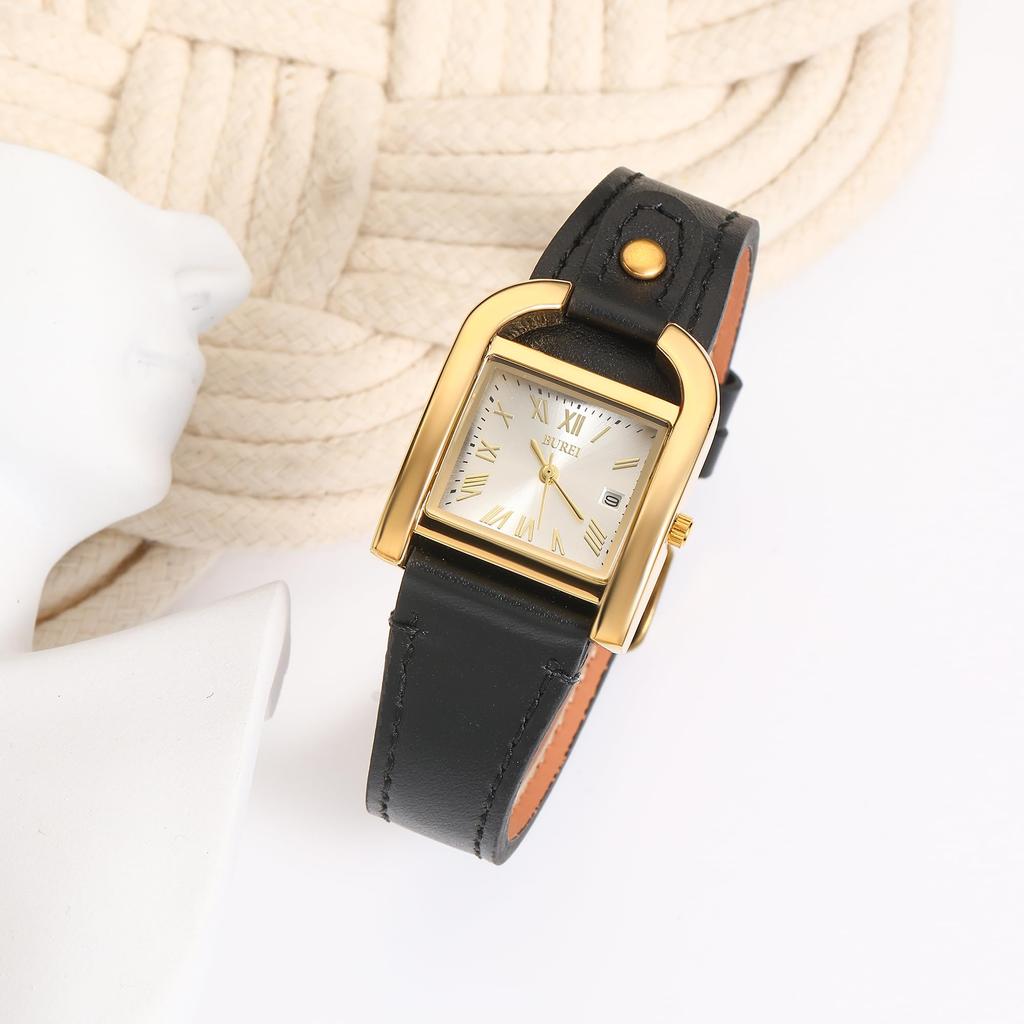 BUREI and Gold Square Roman Black Leather Perfect for and Casual Made in Japan Battery Women's Watch, Stylish, Simple, Cute, Quartz, Waterproof,