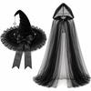 Satin Bow Halloween Witch Hat Cloak Set Hooded Mesh Halloween Cosplay Hooded Cape  Costume Accessor