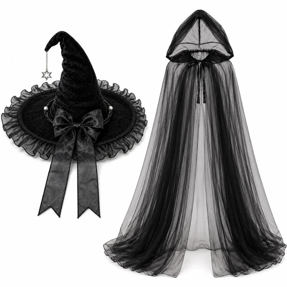 Satin Bow Halloween Witch Hat Cloak Set Hooded Mesh Halloween Cosplay Hooded Cape Costume Accessor