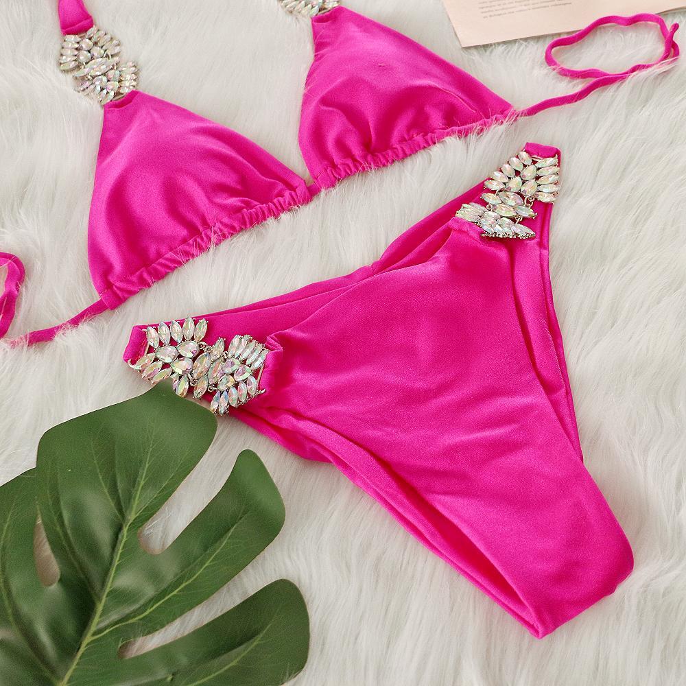 Maillot de bain ins nouveau sexy couleur unie métal incrusté de diamants bikini bandage maillot de bain fendu