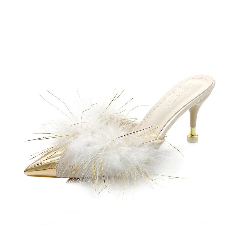 Large Size Pointed Stiletto Slippers Women's New Feather Suede Black Bag Head Sandals Half Slippers