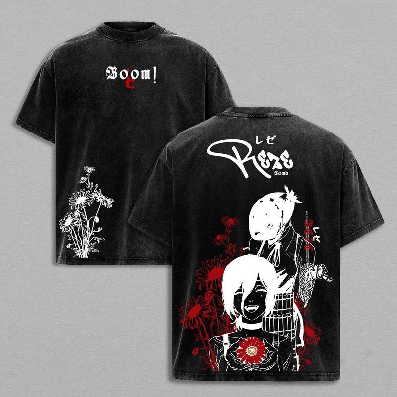 New Japan Chainsaw Man Anime Reze Graphic T-shirt Vintage Washed Oversized T Shirt Men Women Clothing Cotton Short Sleeve Tees