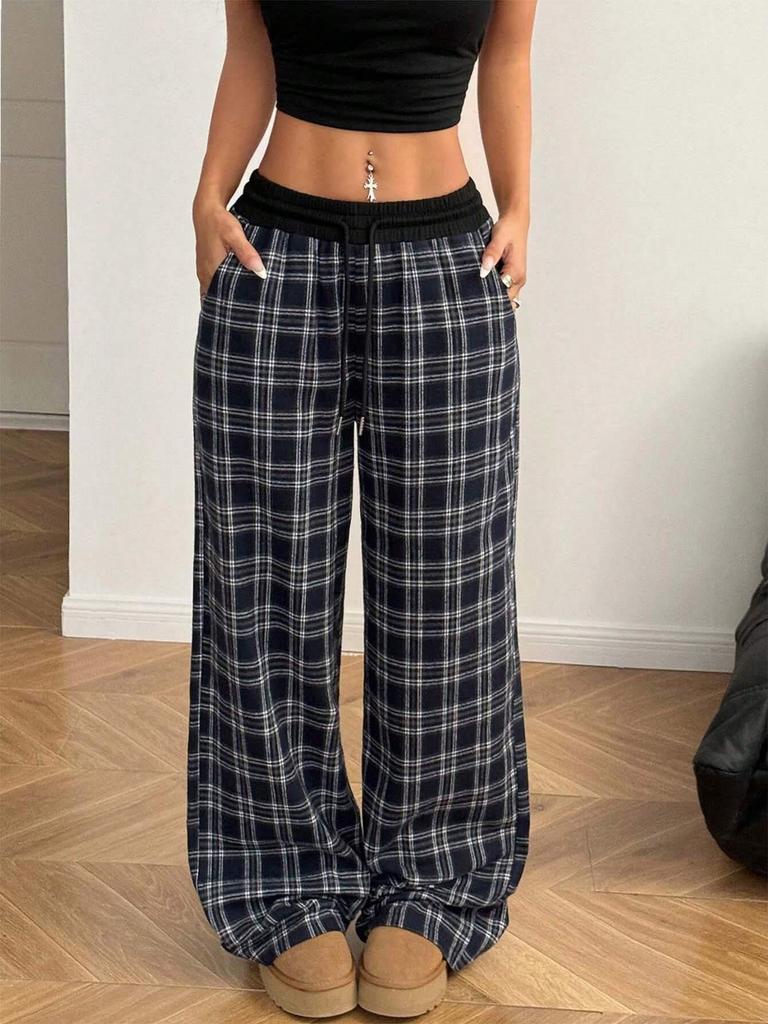 Plaid Patchwork High Waist Casual Sports Pants - Loose Lazy Style Straight Leg