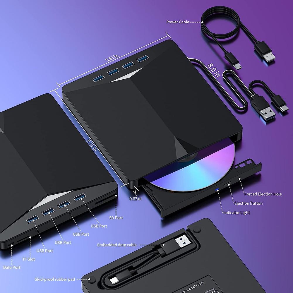7 In 1 USB3.0 Type-C High-Speed External Mobile Drive CD DVD Burner Plug-and-Play for Windows 11/10/8/7/Linux/Mac OS