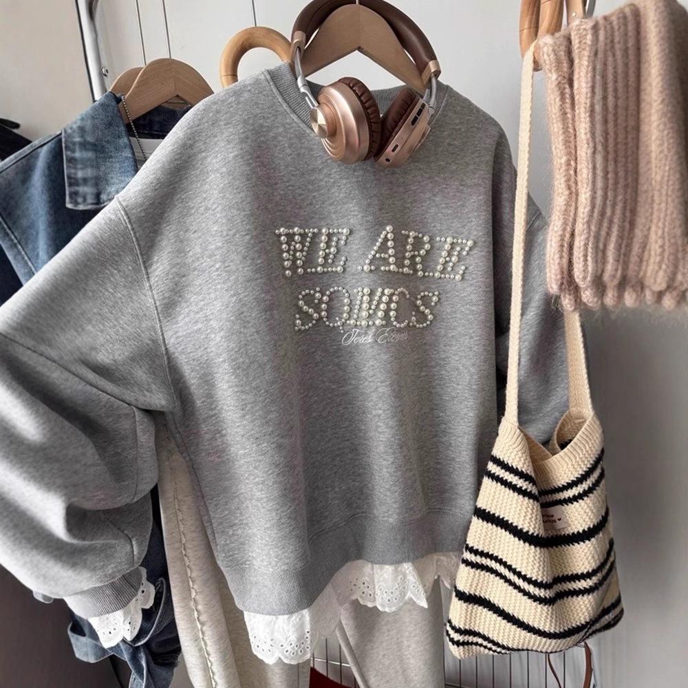 

Кружевной пэчворк, имитация двойки, дизайн с бисерными буквами, милый и стильный, универсальный, повседневный худи с круглым вырезом для женщин 3XL серый