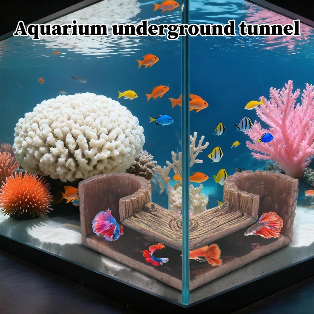 Fish Tank Tunnel Wood Grain Fish Tank Corner Tunnel Two Hole Aquarium Underground Tunnel Cave Fish And Shrimp Shelte Decoration
