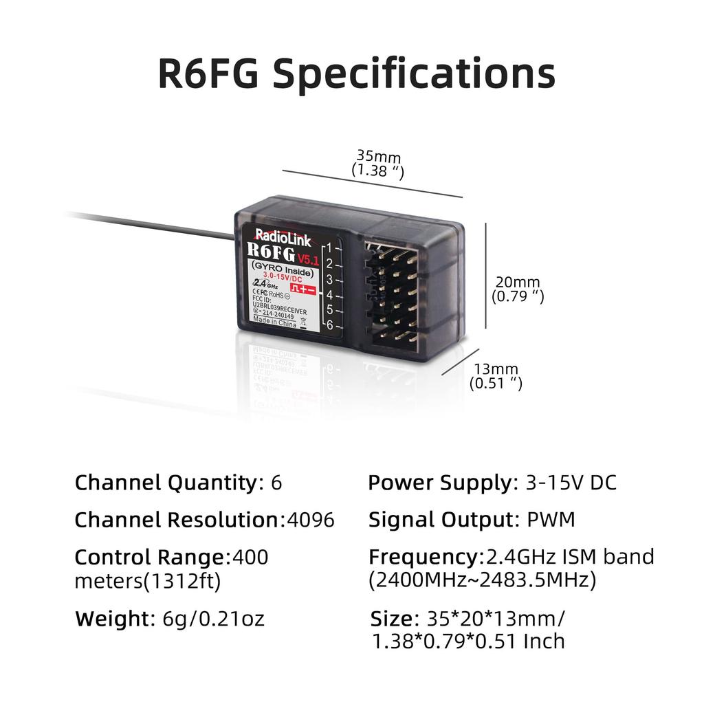 Radiolink R6FG FHSS 6CH Receiver with Gyro for RC Car Boat Compatible with RC4GS RC6GS 2.4GHz Built-in