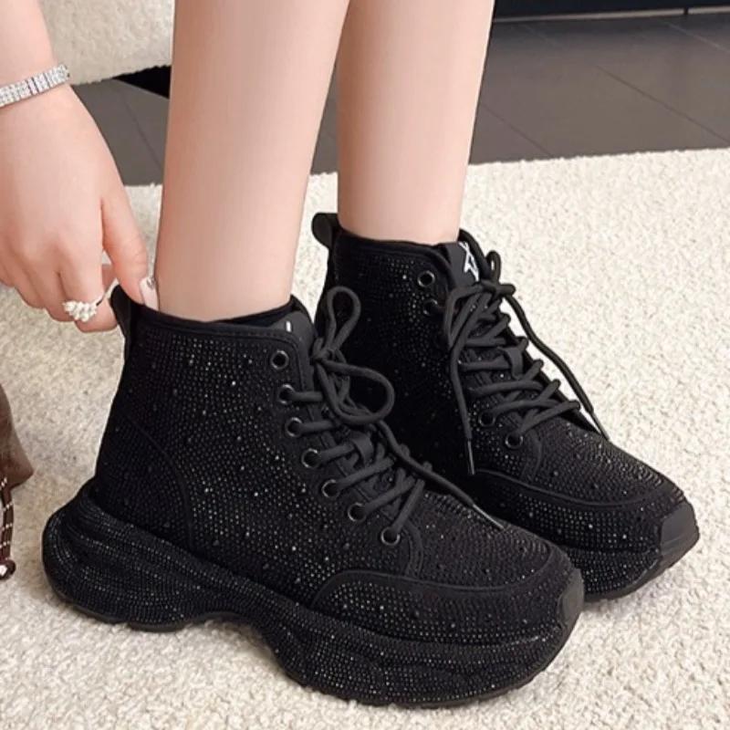 

Мода Модные Кроссовки Осень Новые Круглый Носок Шнуровка Спереди Платформа Нескользящие Износостойкие Стразы Одинарная Обувь 35 чёрный