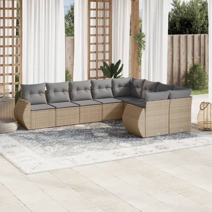 VidaXL Salon de Jardin avec Coussins 9 pcs, Canapés de Terrasse, Ensemble de Meubles de Patio, Mobilier d'Extérieur, Beige 3254176