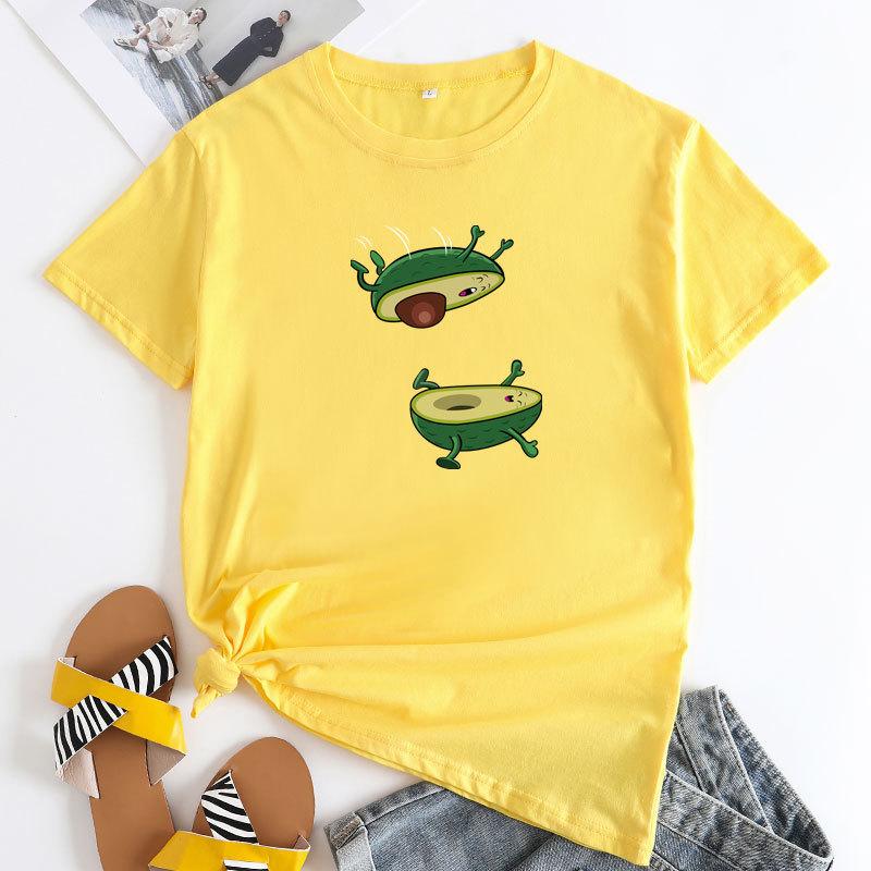 Seasonal Round Neck Avocado Pattern Printed Top Fashionable Casual Short Sleeved Women's Pure Cotton T-shirts