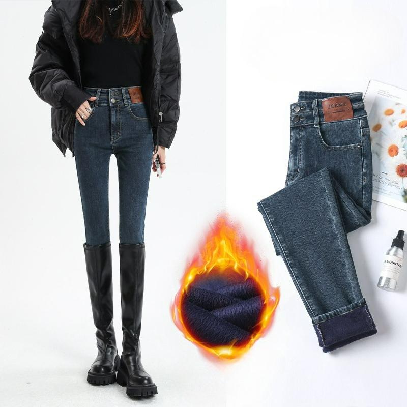 Stretch Füße Hose Jeans Damen Herbst und Winter Plus Samt Slim Schlankmachend Weich und Bequem Bleistifthose