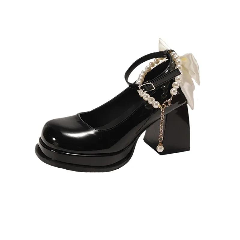 Butterfly-knot Square Toe Mary Janes Buckle Strap High Heel Square Heel Shoes Female 2025 Hot Sale Spring/autumn Sweet Pumps