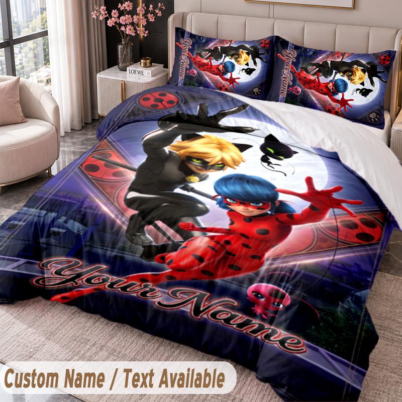 Custom Name Text 3Pcs Bedding Set Miraculous Ladybug Duvet Cover And Two Pillowcases