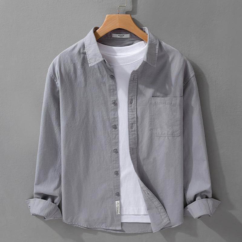 Spring and Summer Long Sleeve Mens Shirts Korean Version Solid Color Slim Shirts Comfort Pure Cotton Turn Down Collar Solid Color Casual Tops