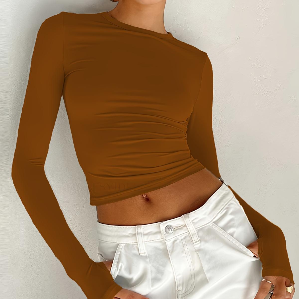 

Однотонная женская футболка с круглым вырезом и длинным рукавом. Базовая тонкая укороченная футболка. Повседневная дышащая легкая пуловер с длинными рукавами. Модный топ для отдыха. L темно-коричневого