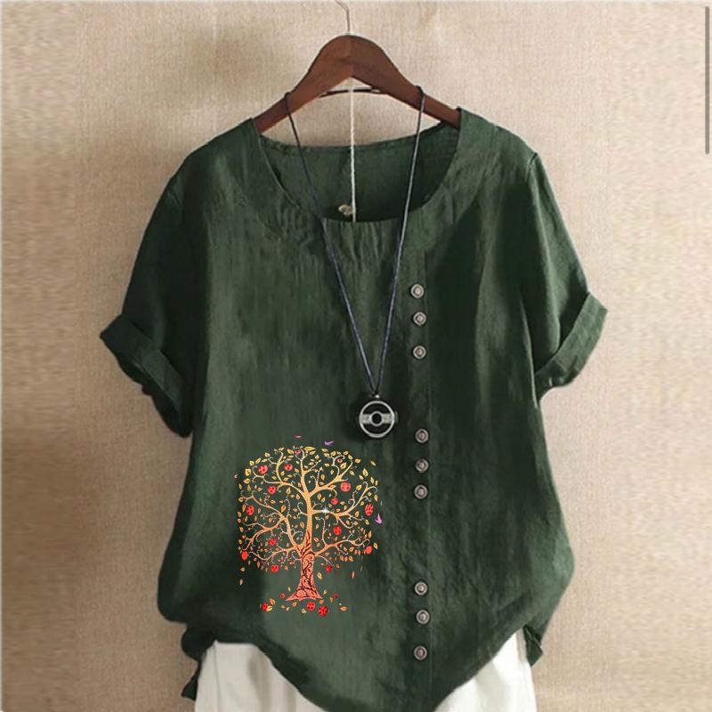 Women's Fashion Round Neck Short Sleeve T-shirt Casual Cotton Linen Graphic Shirt Leisure Loose Red Tree Prined Summer Blouse Tops Plus Size