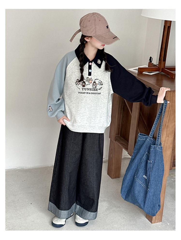 Mädchen 2025 Herbst Polokragen Raglanärmel Sweatshirt - Stilvolles Herbstoberteil für mittlere und große Kinder