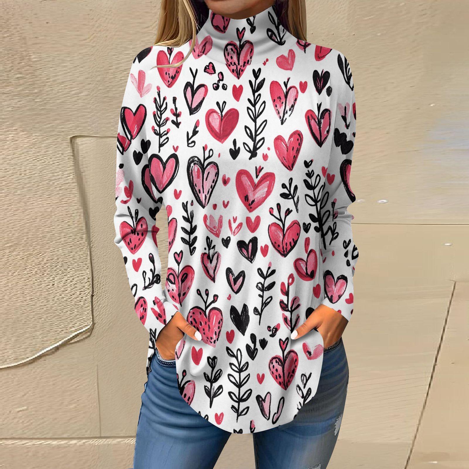 

Футболки для женщин, осенние повседневные рубашки с длинным рукавом, толстовка с принтом, топ с высоким воротом, пуловер XL арбуз красный