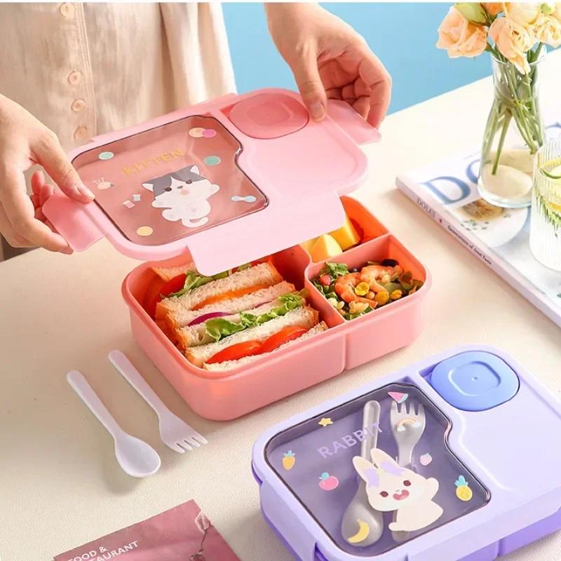 Bento Lunch Box For Kids Girls Cartoon Students Kawaii Cute Heated 3 Grid Sandwich Snack Food Box Special Canteen Food Storage