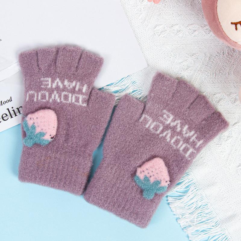 New half-finger gloves women's winter strawberry fleece thickened fashion open finger cold warm knitted plush gloves