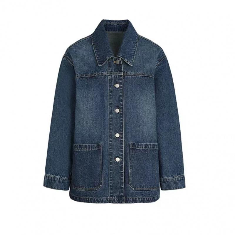 Veste en jean décontractée simple ample pour femmes, grandes poches, rétro, col rabattu, manches longues, vestes, manteaux chics