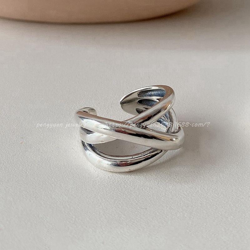 S925 Sterling Silver Intersecting Lines Geometric Open Ring for Women - Korean INS Style, Simple & Smooth Design Adjustable Open