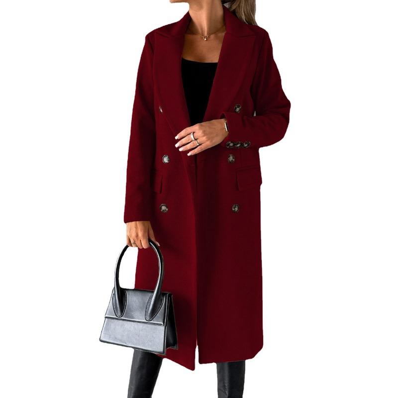 QICED Women's Coat Versatile Tweed Coat Solid Colour Long Sleeve Double Breasted Plug Pockets