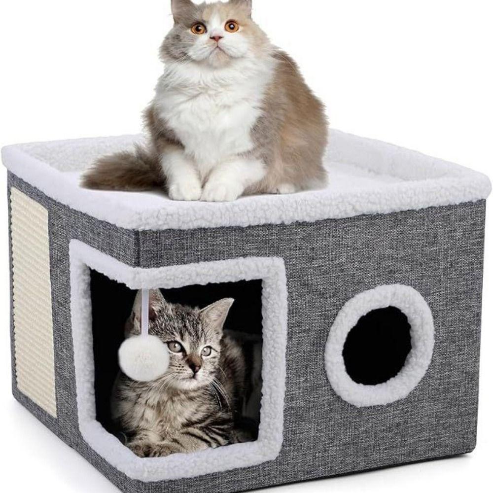Large Space Foldable Cat House Non-slip Bottom Scratching Post Cat Bed Toy Tunnel Removable Cushion Hanging Ball
