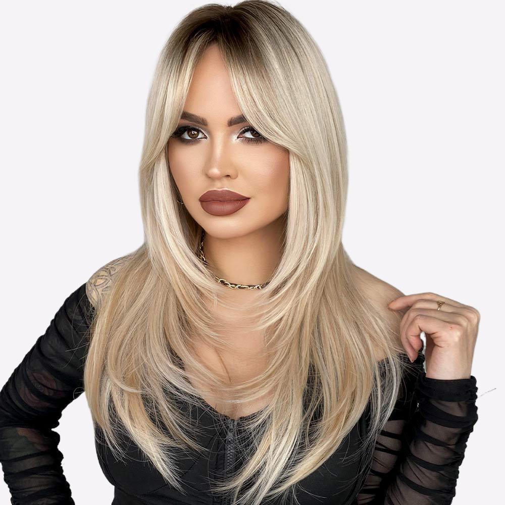 Long Straight Wig with Curtain Bangs & Ombre Color | High-Quality Layered Synthetic Wig | Natural Blended Hairline for Daily Wear