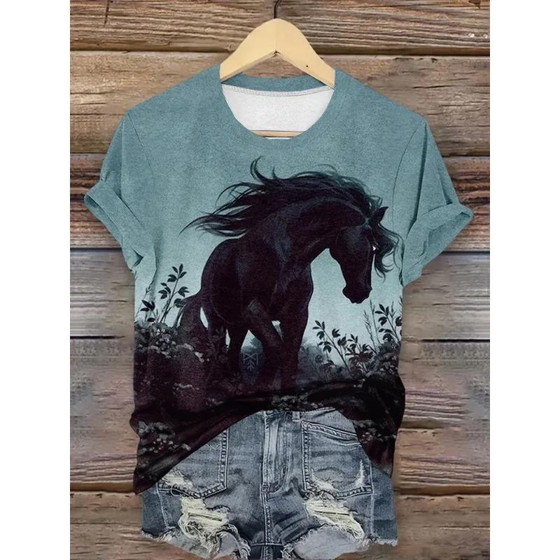 Haut décontracté à manches courtes et col rond avec imprimé animal cheval pour femme