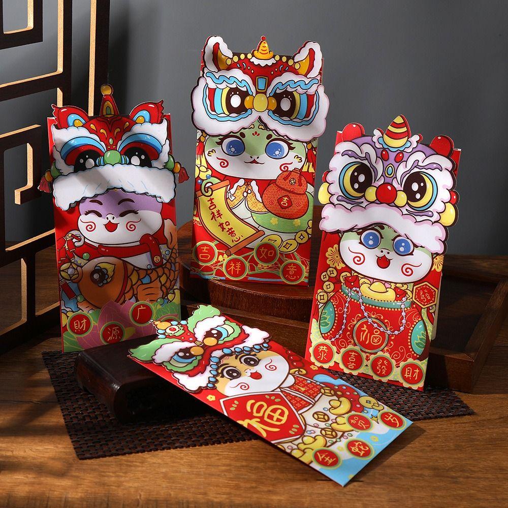 

6pcs/set Lion Dance Red Envelope Snake Year Good Luck Pocket Traditional Lucky Money Bag Bonus Style A